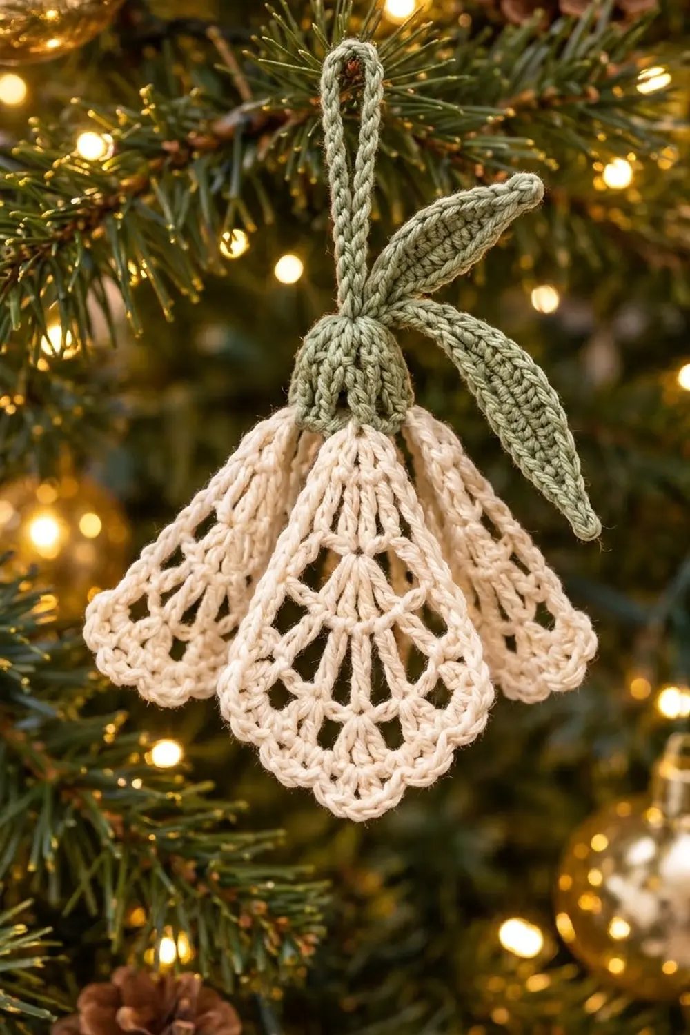 Crocheted cream-colored mistletoe ornament with sage green leaves hanging on an evergreen tree with glowing golden lights.