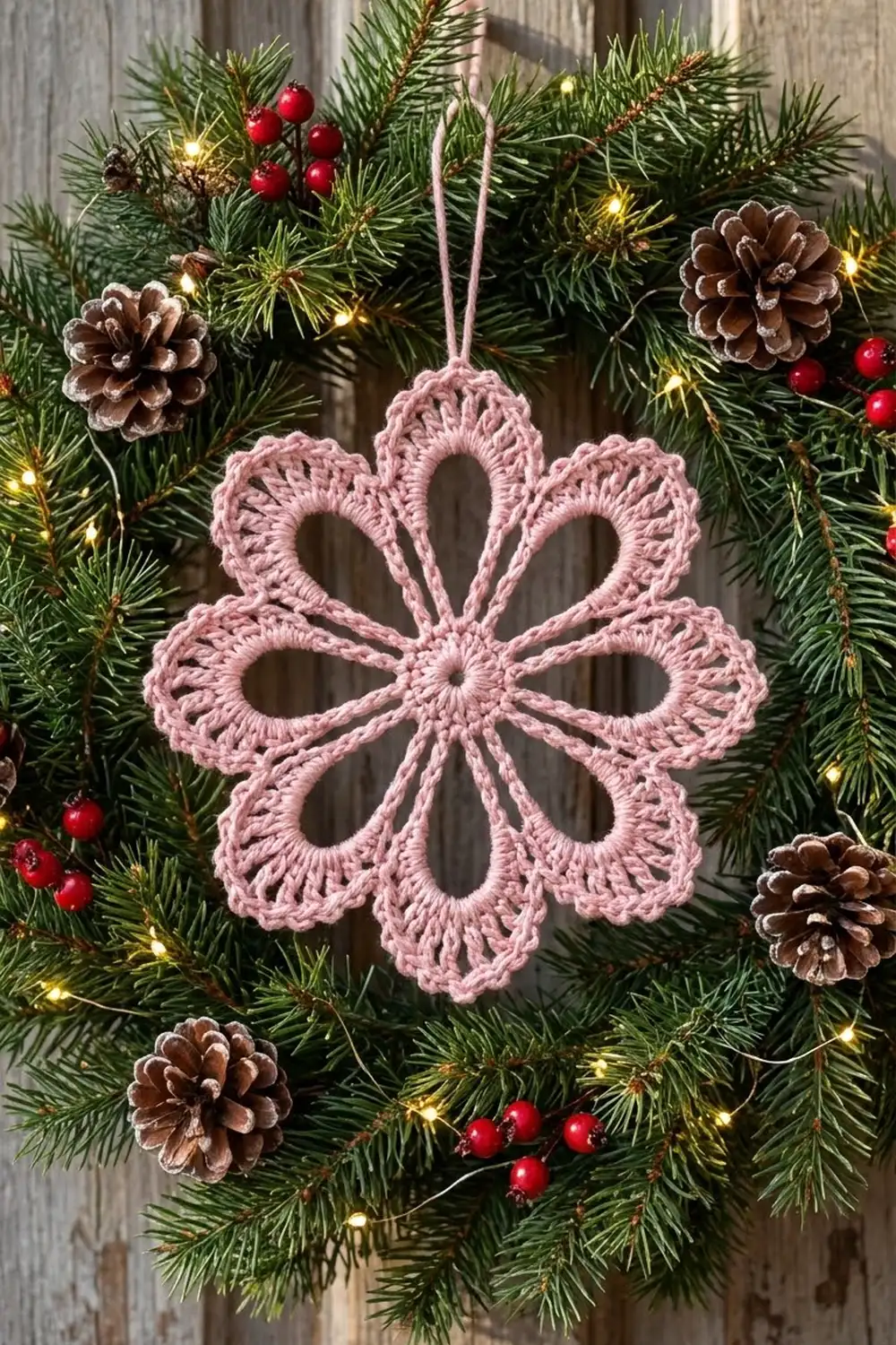 Pink crocheted snowflake ornament hanging on festive evergreen wreath with pinecones, red berries, and warm white lights.