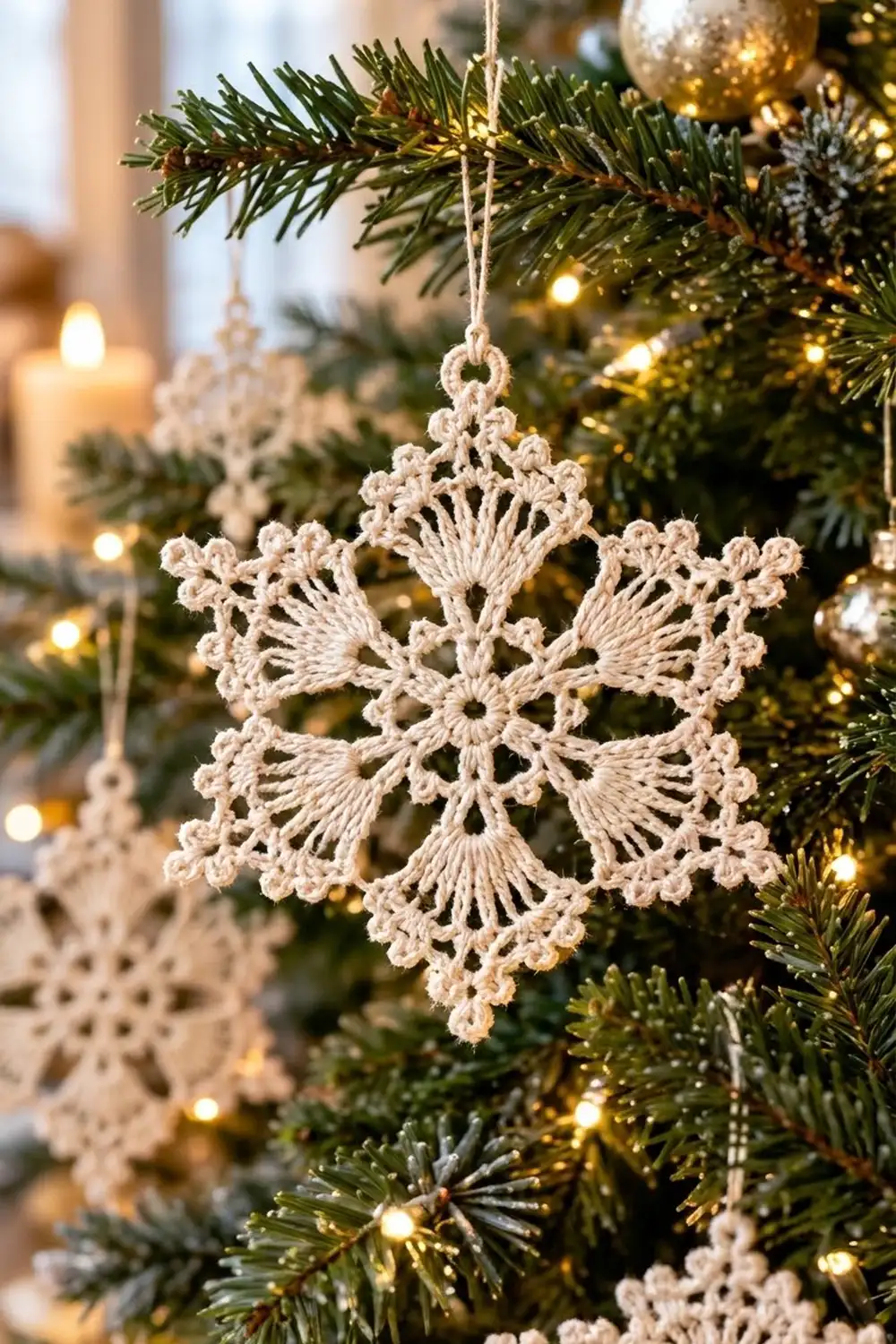 Cream crocheted snowflake ornament hanging on a green Christmas tree with warm golden lights and metallic baubles.