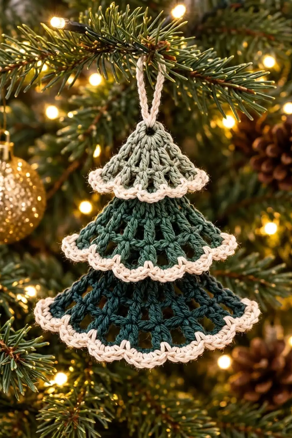 Crocheted three-tiered green and cream Christmas tree ornament hanging on an evergreen branch surrounded by warm fairy lights.