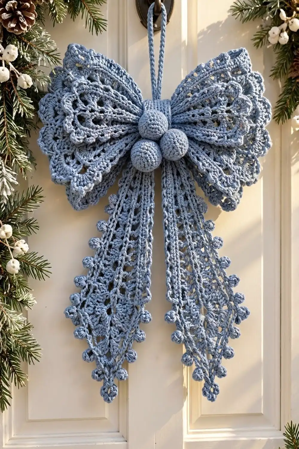 Blue crocheted bow ornament with textured lace panels and beaded details hanging on a white door surrounded by holiday greenery.