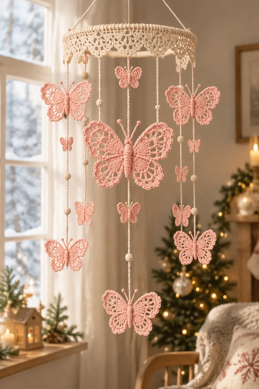 A crocheted butterfly mobile with pink and cream butterflies hangs in a sunlit window beside holiday decorations.