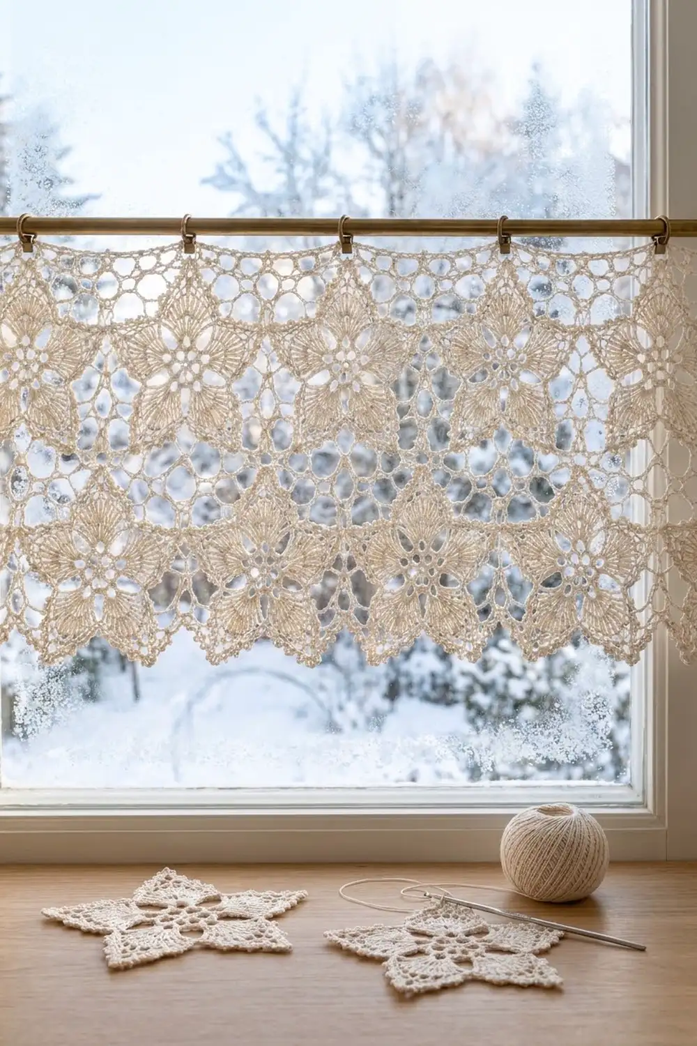 Cream crochet lace valance with floral openwork draped on window overlooking frosted trees and snowy landscape.