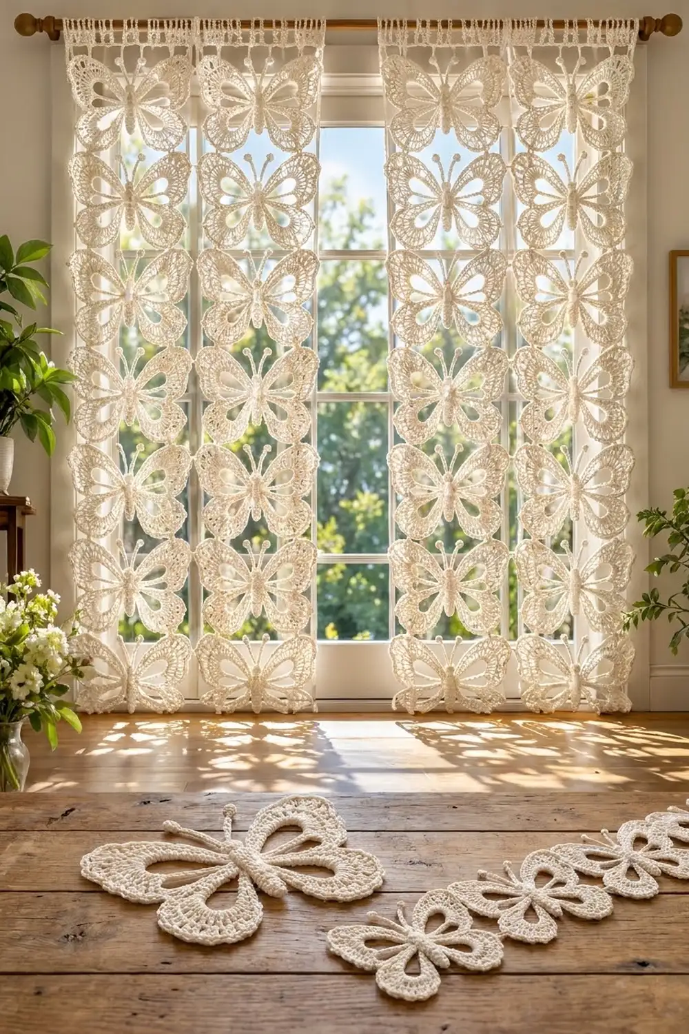 Cream crochet butterfly curtains hang at a sunny window with matching motifs displayed on wooden flooring and potted plants nearby.