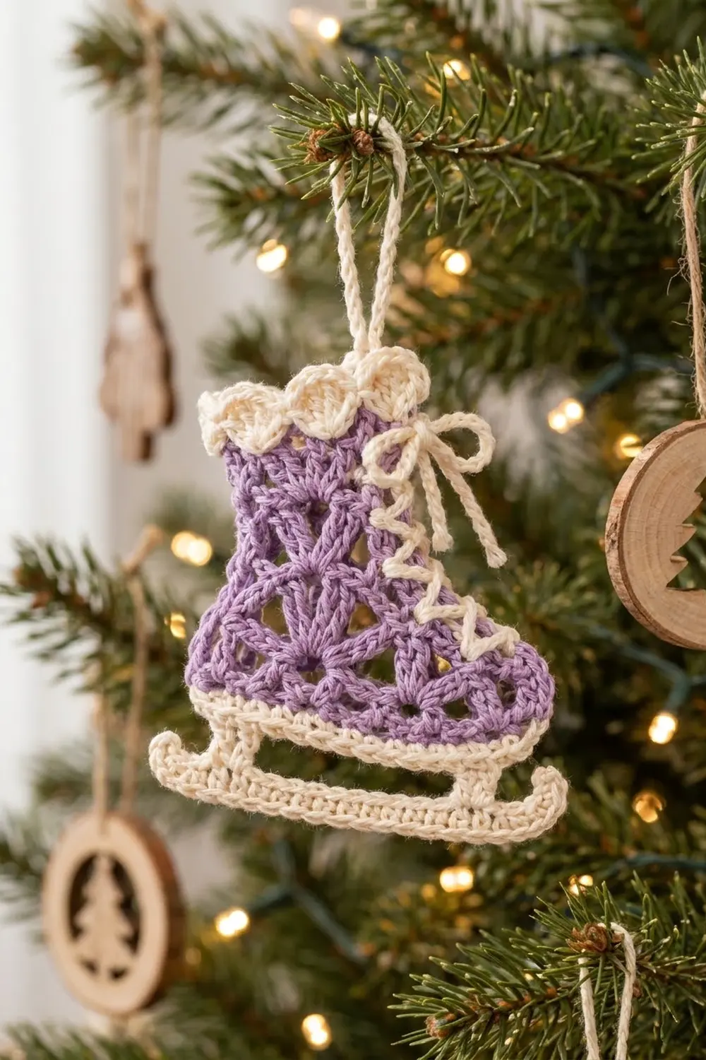 Purple and cream crocheted ice skate ornament with twine bow hanging on an evergreen branch with warm golden lights.