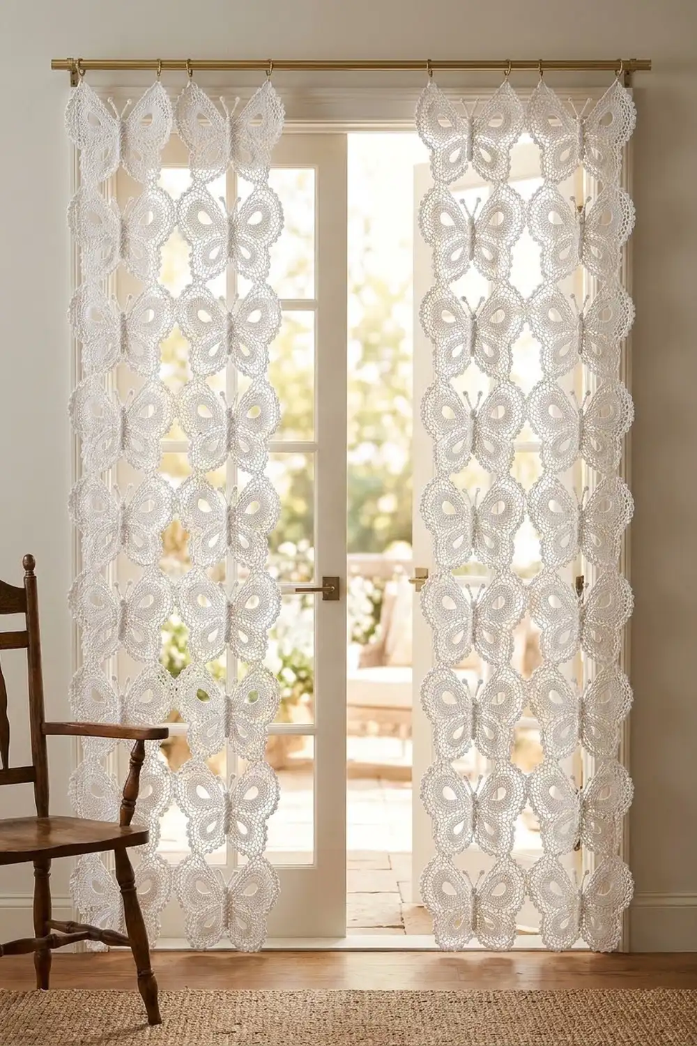 Delicate white lace curtains with butterfly motifs hang on a brass rod framing glass doors in a bright room.