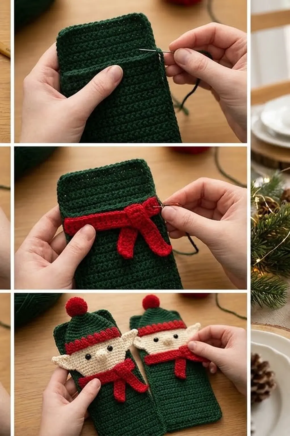 Hands displaying completed crocheted elf ornaments in dark green with red bows, cream faces, and pom-poms in festive holiday setting.