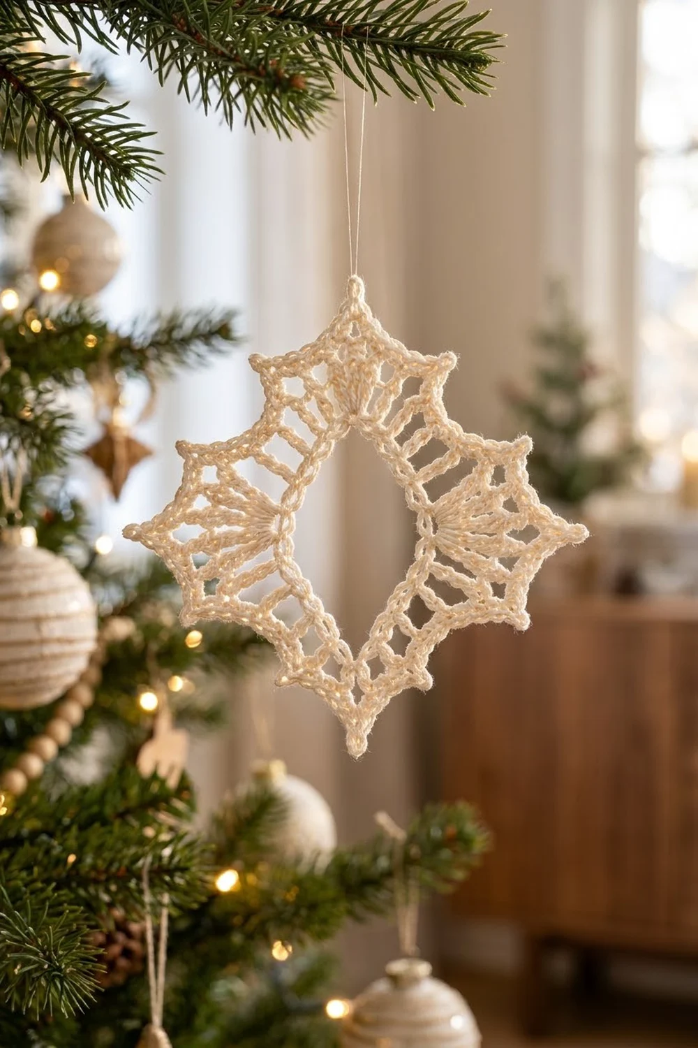 Cream lace star ornament hanging from evergreen branches among gold baubles and warm holiday décor.