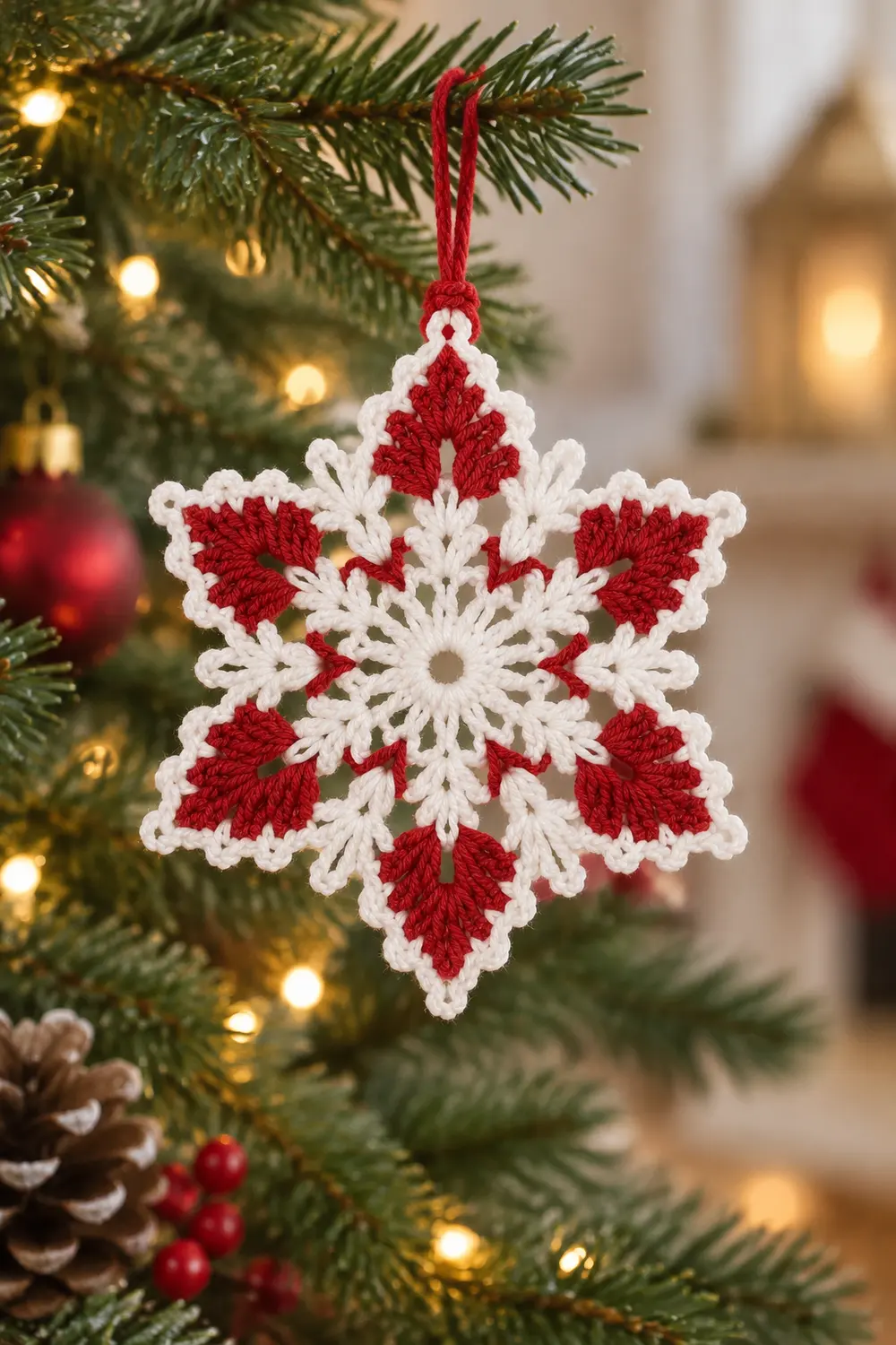 A red and white crocheted snowflake ornament hangs from an evergreen branch among twinkling lights and pine cones.