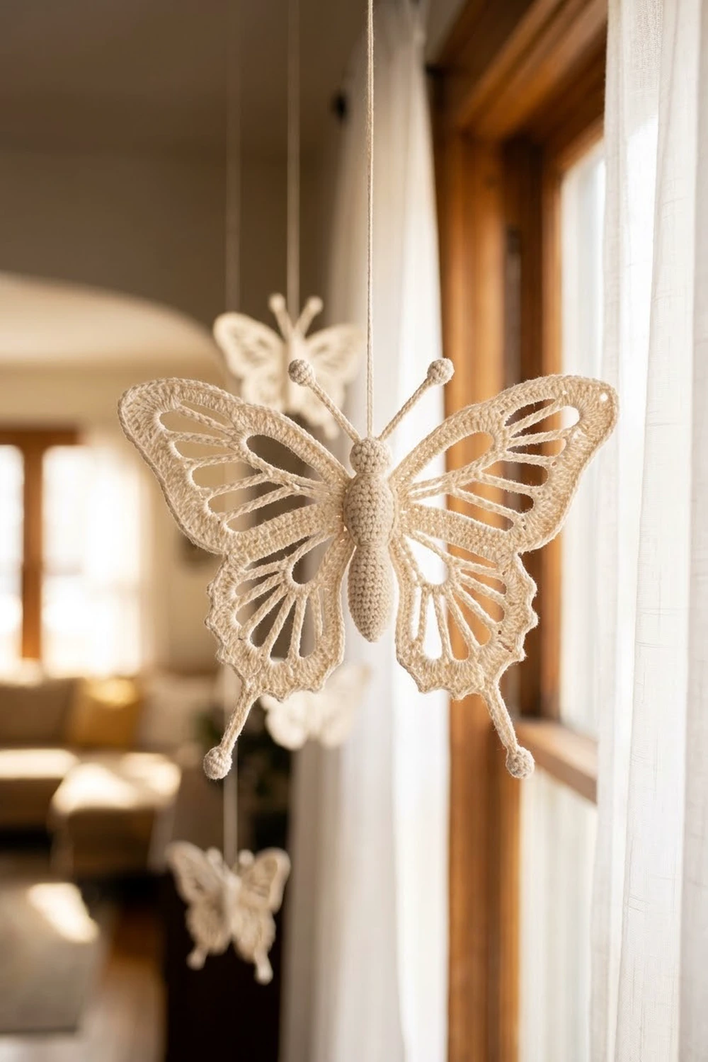 Cream-colored crocheted butterfly ornament suspended in sunlit window against warm, blurred interior backdrop.