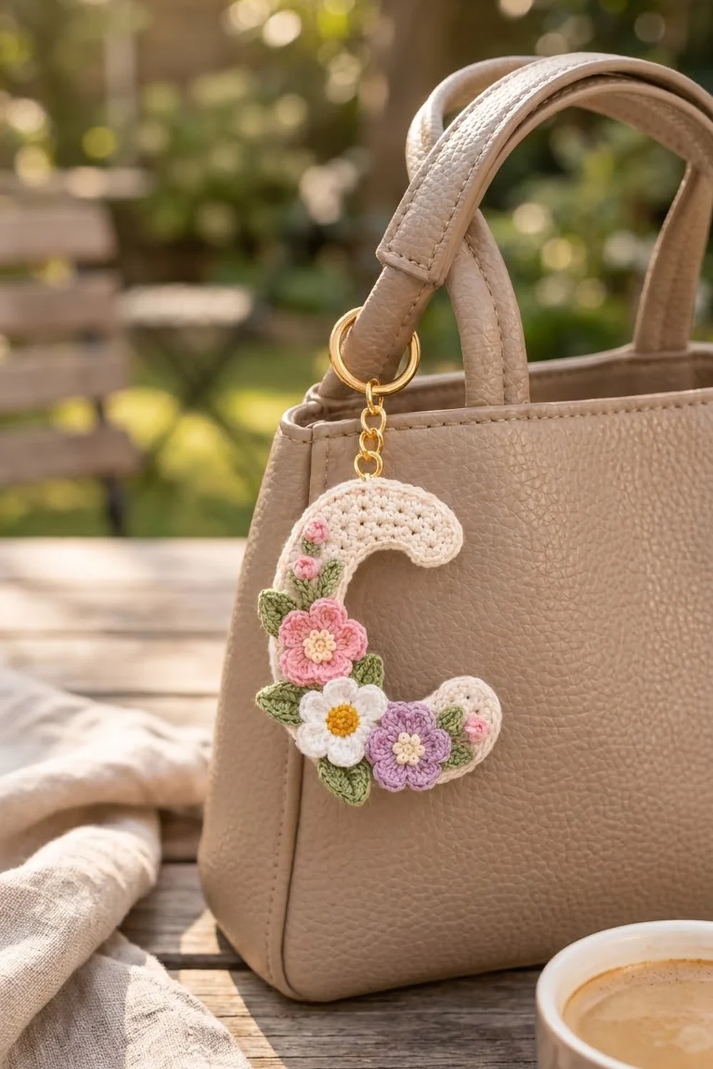 Cream leather bucket bag with crochet flower charm featuring pink, white, and purple blooms displayed outdoors.