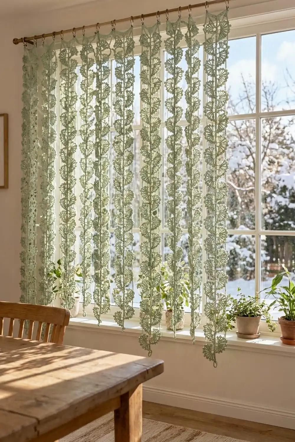 Sage green crocheted plant hangers with leaf-like motifs hang from a wooden rod across a bright window overlooking snowy woods.