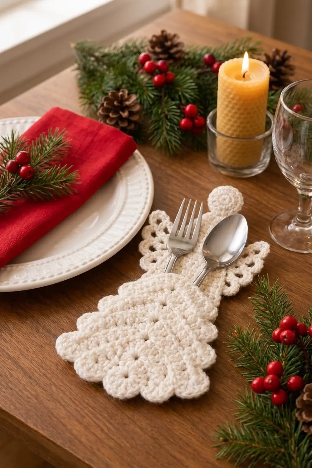 Cream crocheted Christmas tree holding silverware on a festive holiday table with candles and fresh greenery.