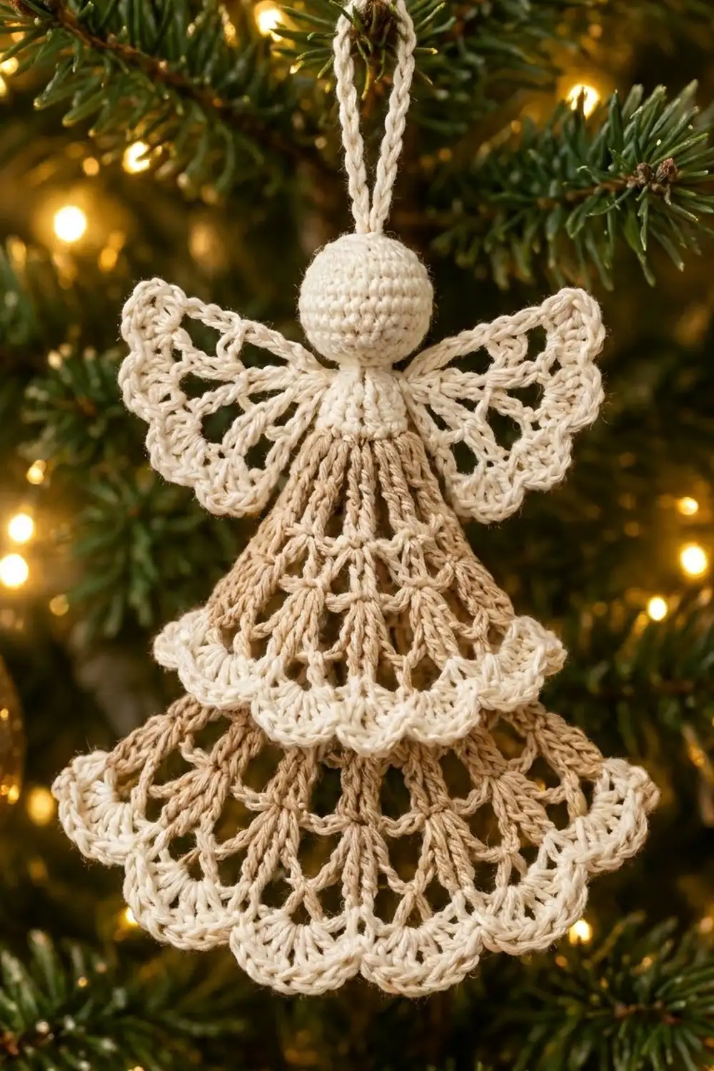 Cream crocheted angel ornament with lace wings hanging on evergreen Christmas tree branches with warm golden string lights.
