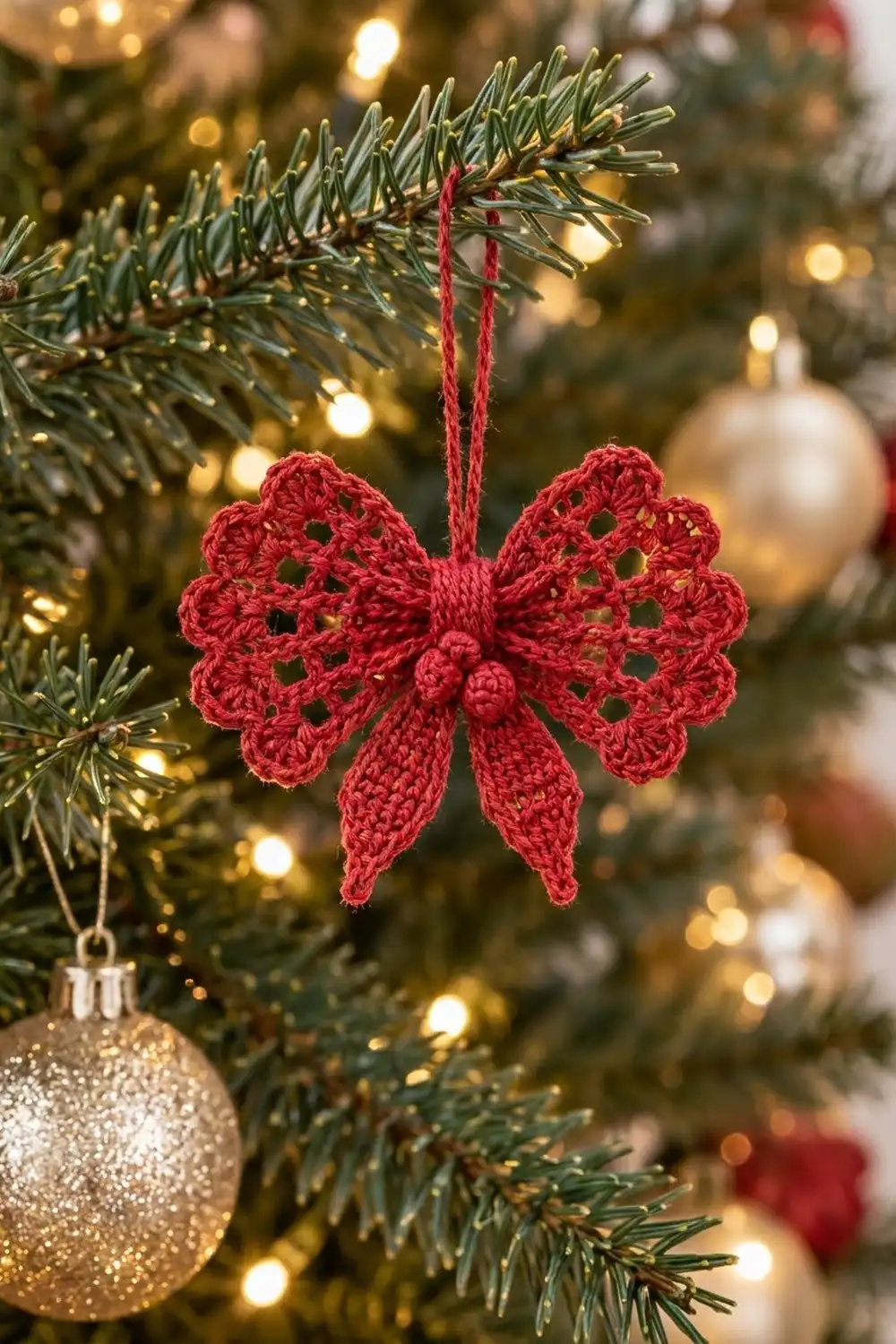 Delicate red crocheted bow ornament with lacy details hanging from an evergreen Christmas tree with warm golden lights.