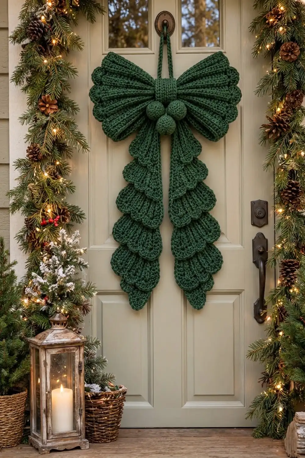 Forest green crocheted bow with long scalloped tassels decorates a white door flanked by lit evergreen garland.