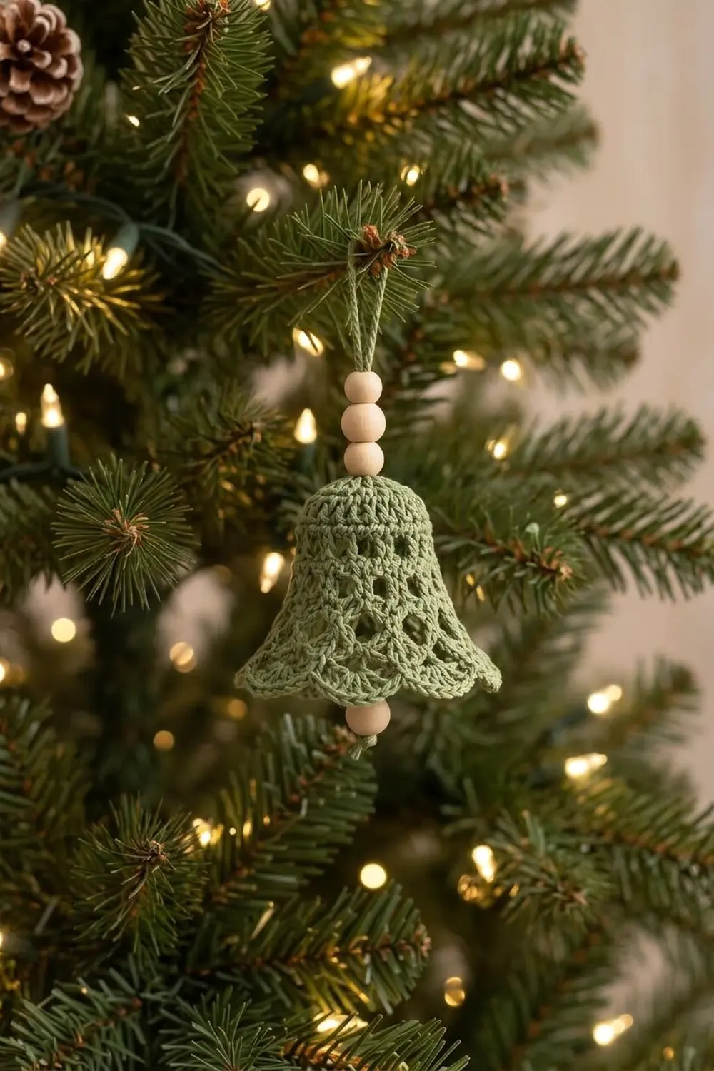 A sage green crocheted bell ornament with wooden beads hanging from an evergreen Christmas tree branch with warm lights.
