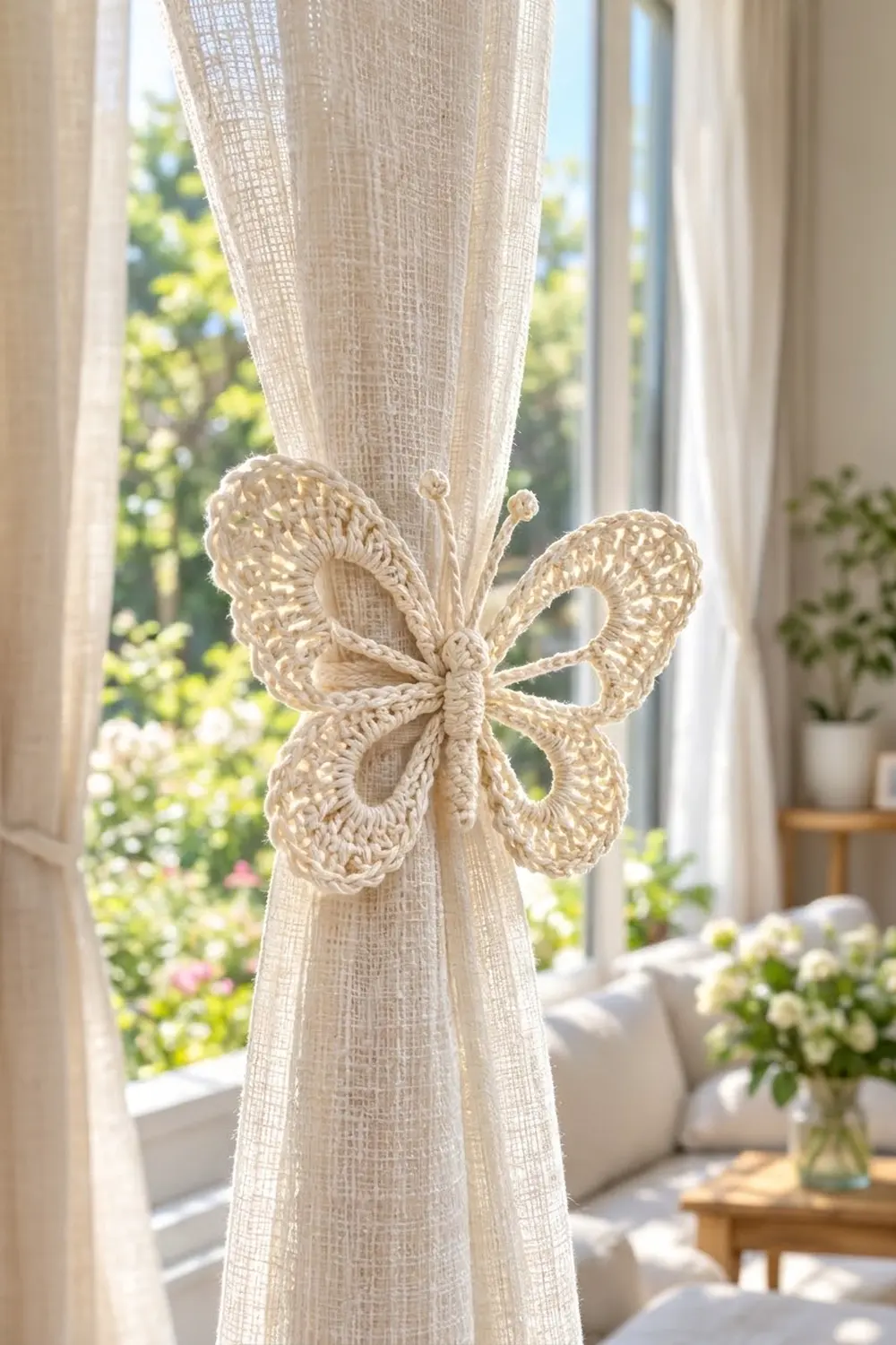 Crocheted cream butterfly tieback holding a linen curtain at a sunlit window overlooking a green garden.