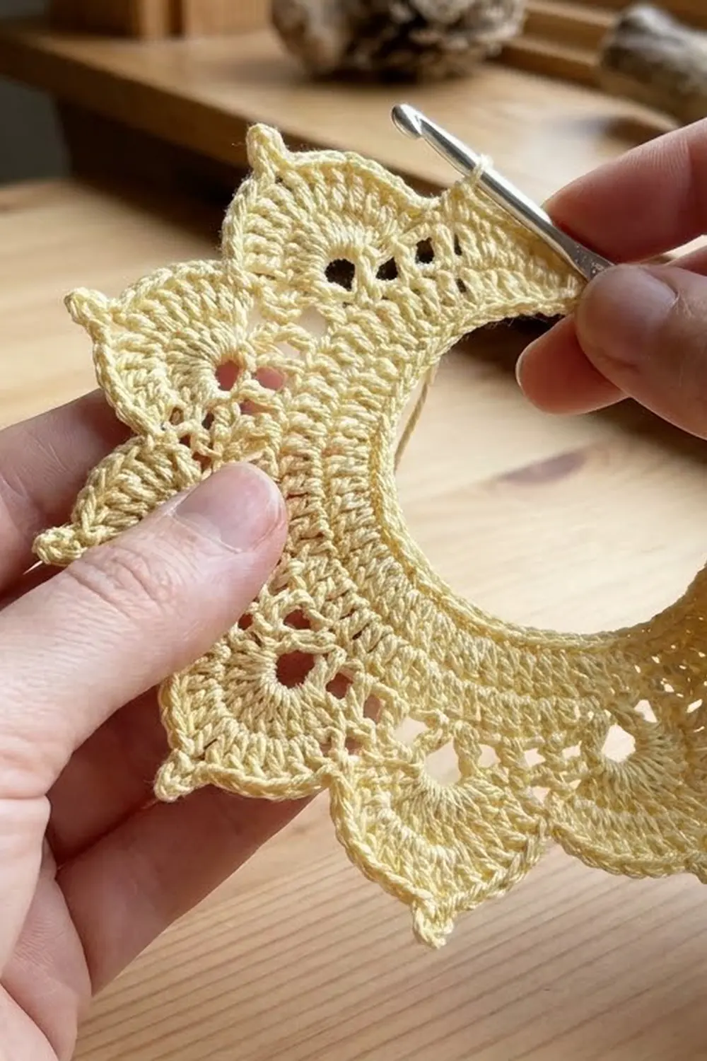 Hands hold a cream-colored crocheted bear with openwork details and embroidered eyes on a wooden crafting table.