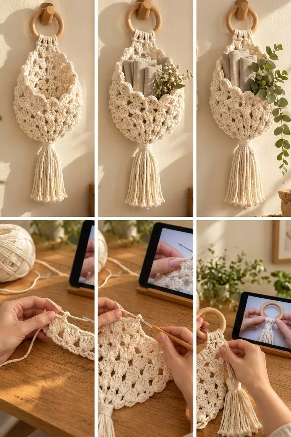 Cream macramé wall hanging with wooden ring and tassel displayed with greenery, shown alongside hands-on crochet instruction photos.