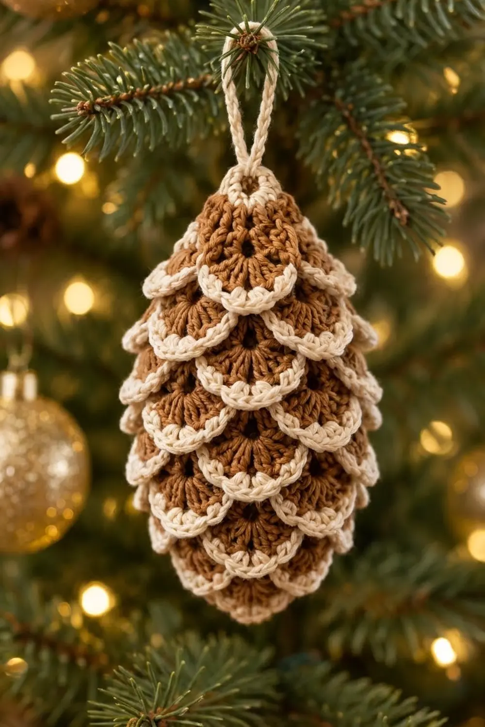 Crocheted brown and cream Christmas tree ornament hanging on evergreen branches with golden bokeh lights.