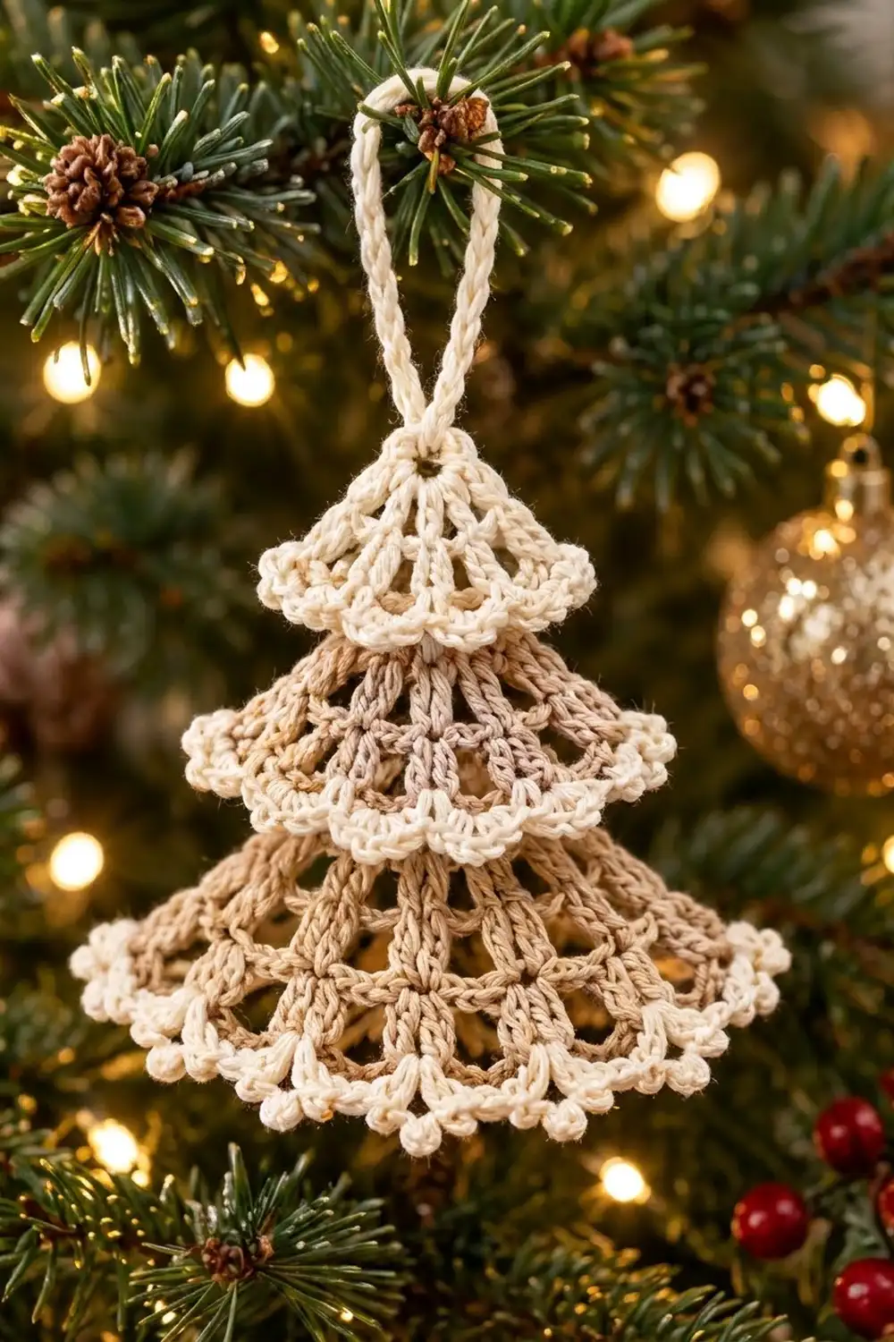 Crocheted tree ornament in cream and tan colors hanging on evergreen branches among warm golden lights.