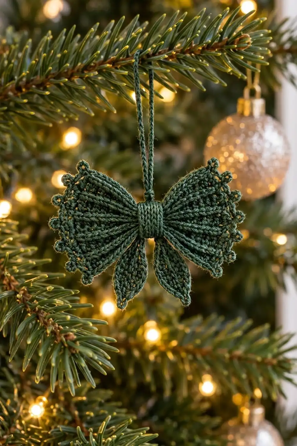 Green crocheted bow ornament hanging on an evergreen branch with warm fairy lights and white holiday ornaments nearby.