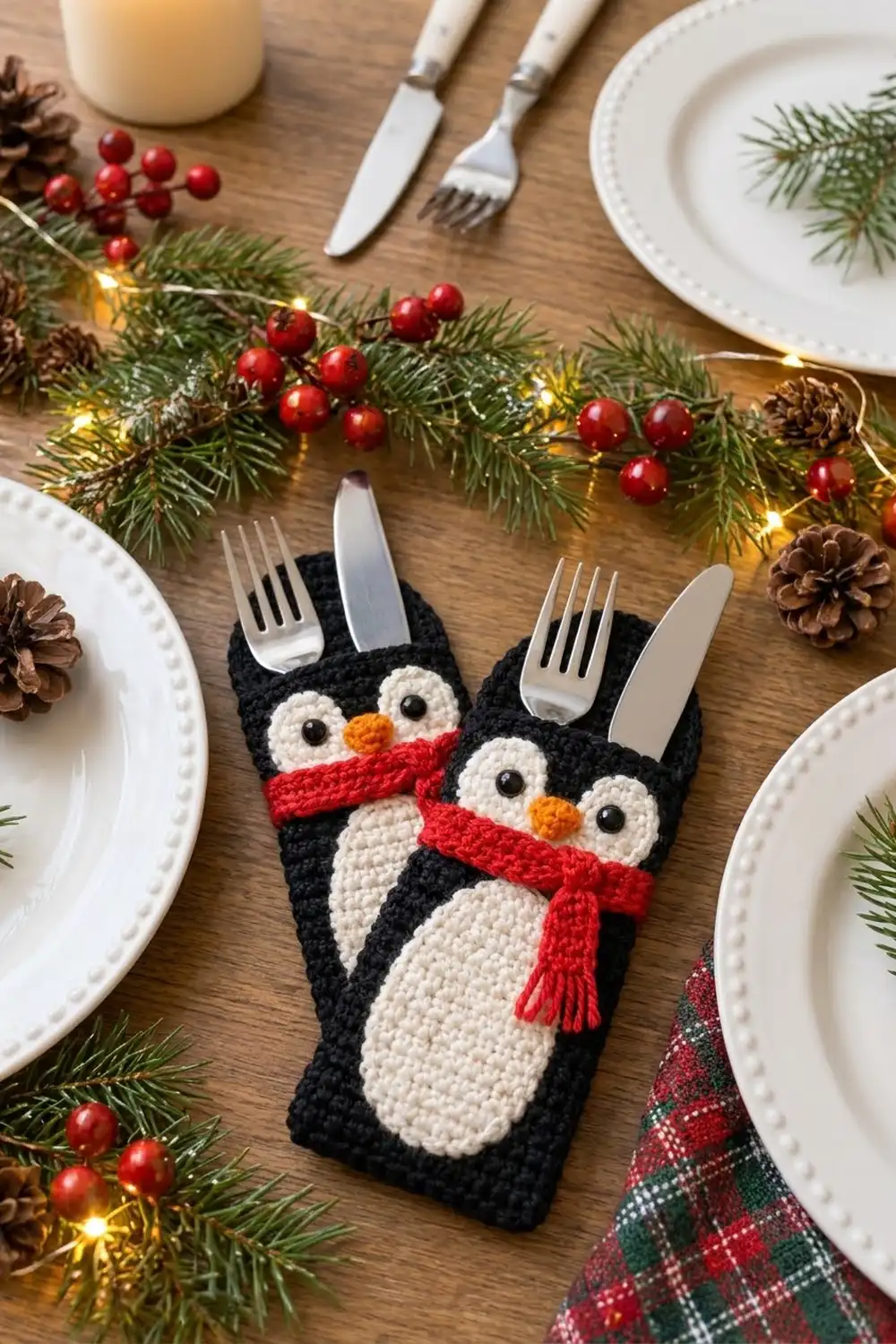 Crocheted black penguin utensil holder with red scarf and white belly holds silverware on a festive holiday table.
