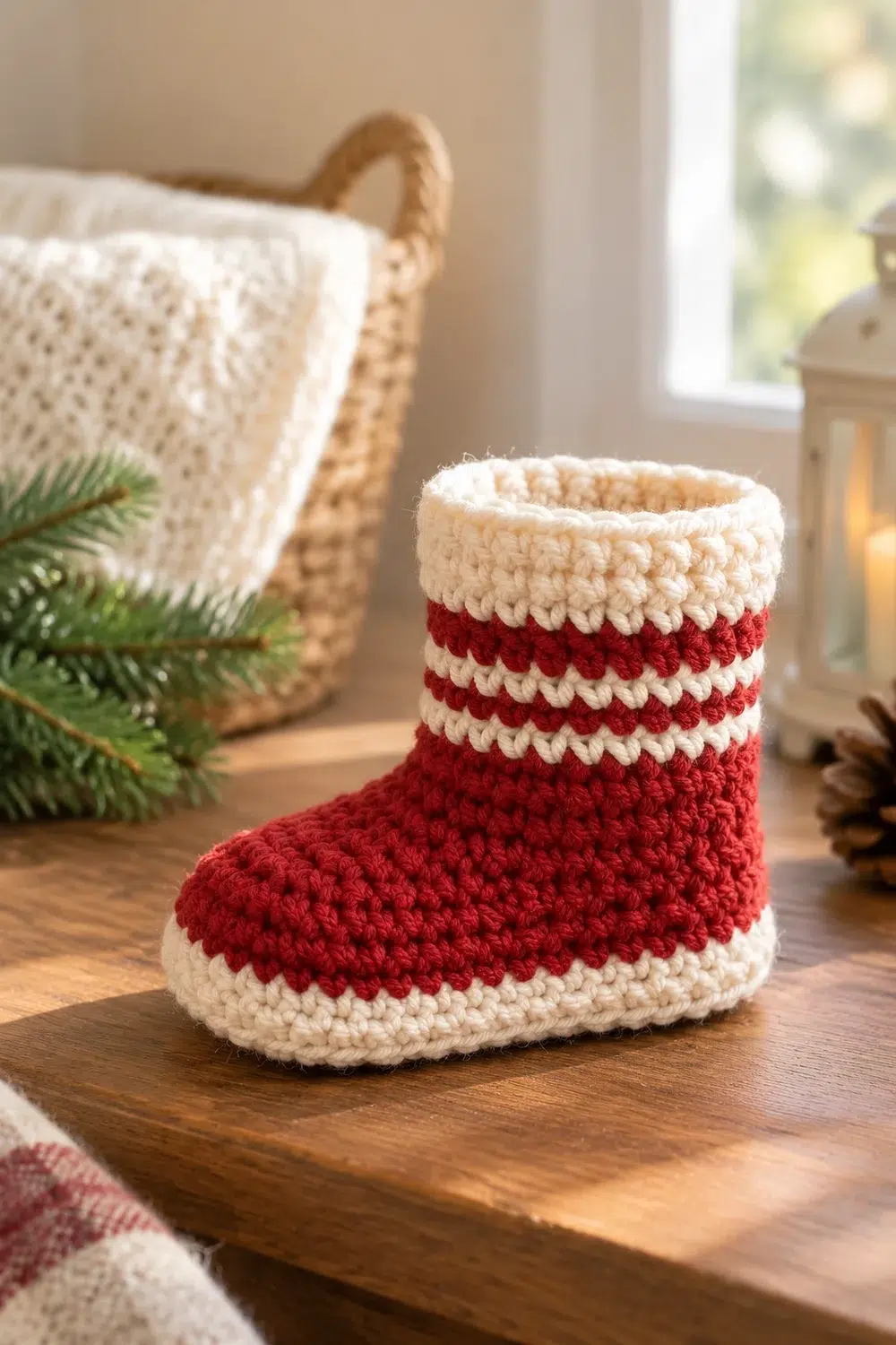 A red and cream crocheted Christmas stocking sits on a wooden surface amid holiday decorations and greenery.