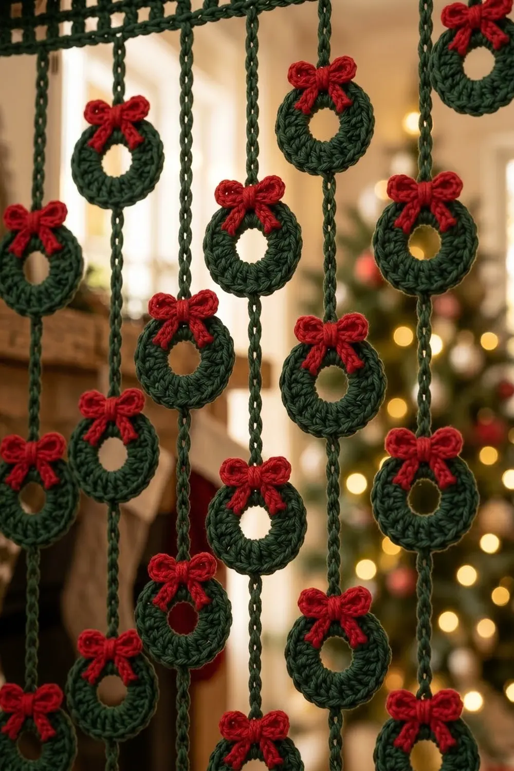 Crocheted mini wreaths with red bows hanging from green chains as festive holiday window decoration.