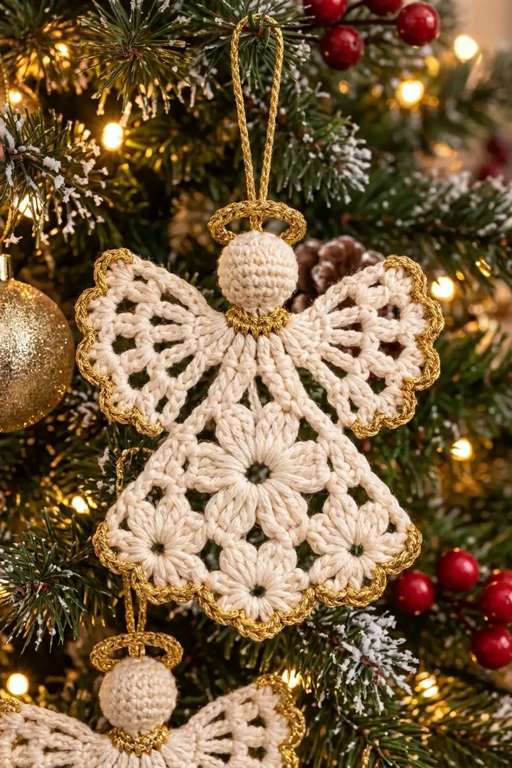 Hand-crocheted cream angel with openwork lace wings and gold trim hangs on an illuminated evergreen Christmas tree.