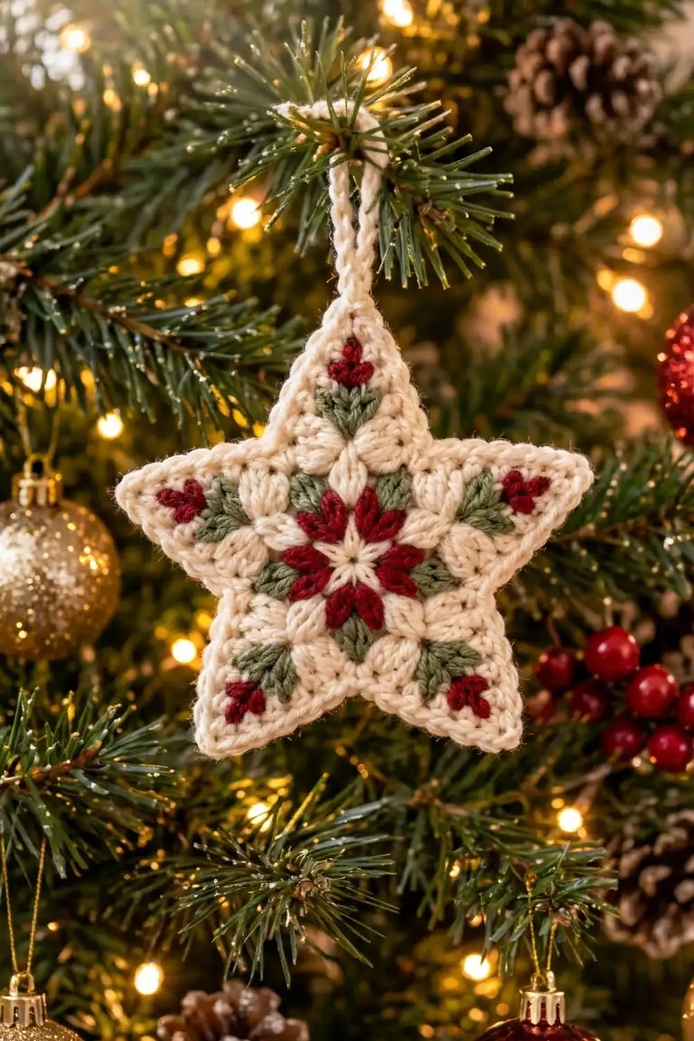 Crocheted cream star with embroidered red and green poinsettia hanging on evergreen branches amid twinkling golden lights and ornaments.