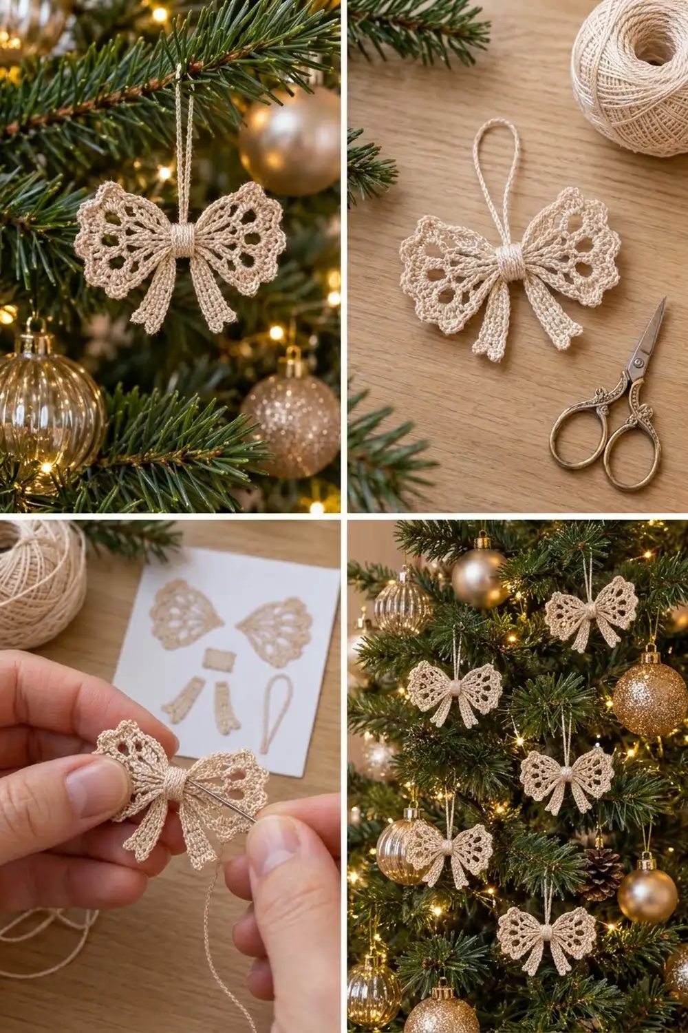 Delicate cream crochet bows adorning an evergreen Christmas tree among warm gold ornaments and twinkling lights.