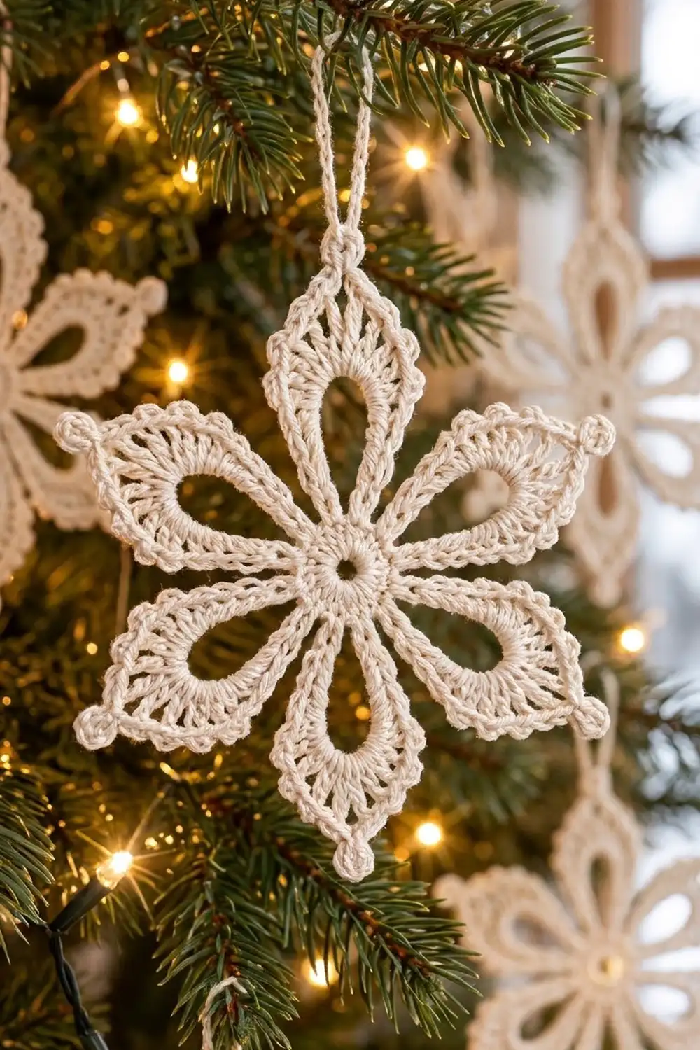 Delicate cream crochet snowflake ornament hanging from an evergreen branch amid warm golden holiday lights.