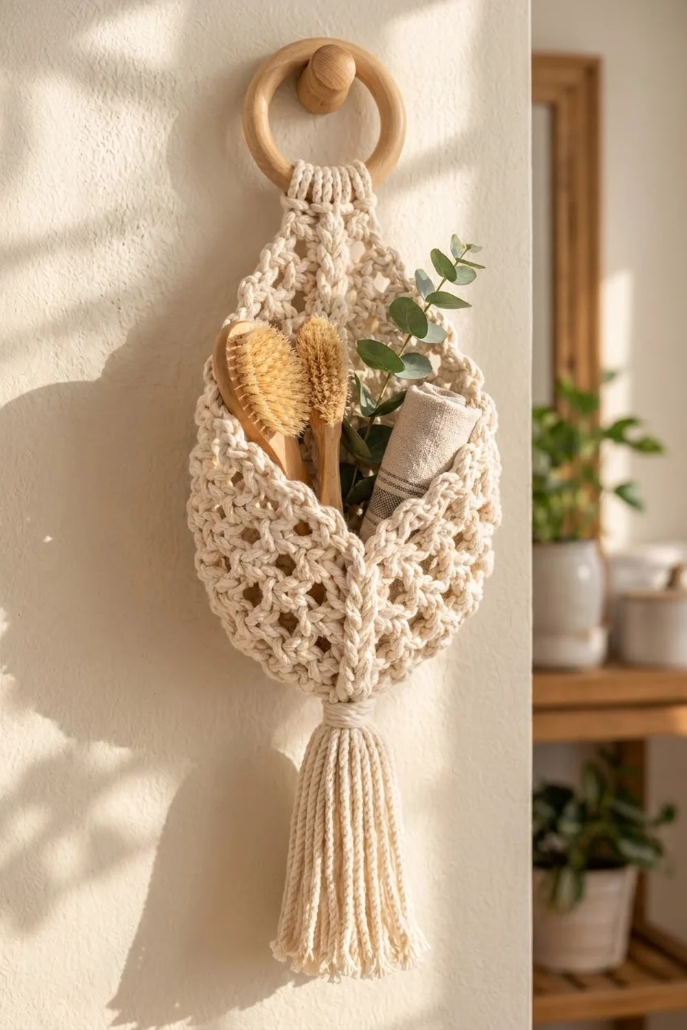 Cream macramé plant hanger with wooden ring holding a brush, eucalyptus, and cloth in sunlit minimalist interior.