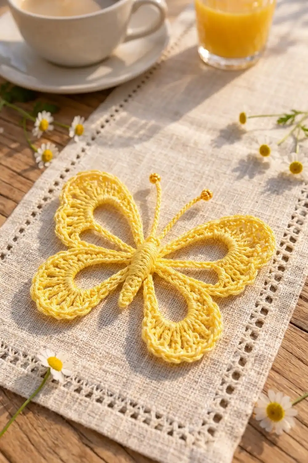 Bright yellow crocheted butterfly displayed on a cream linen napkin, surrounded by white daisies, tea, and orange juice on a wooden table.