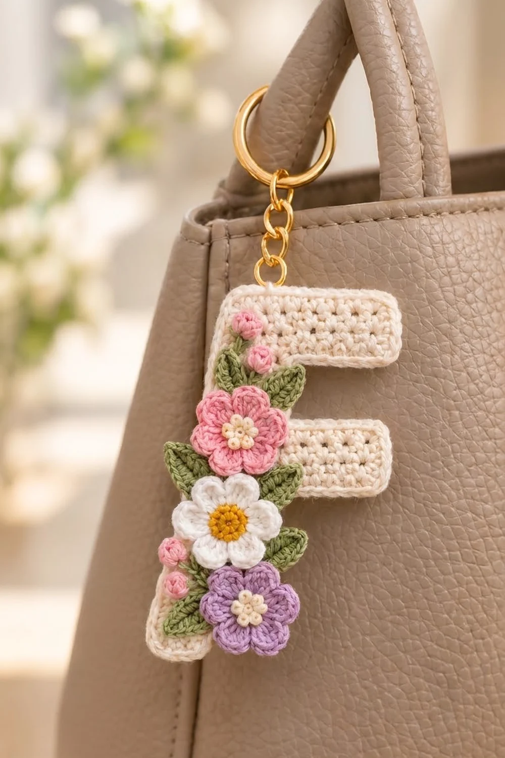 Crochet flower keychain with pink, white, and purple blooms hanging from gold chain on taupe leather bag.