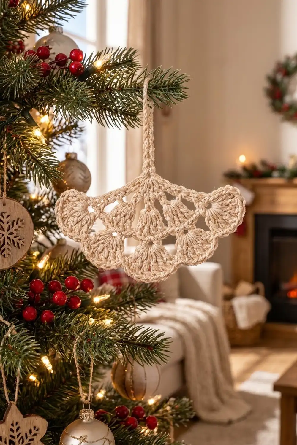 A handmade cream crochet ornament shaped like a shell hangs from an evergreen tree with golden lights and red berries.