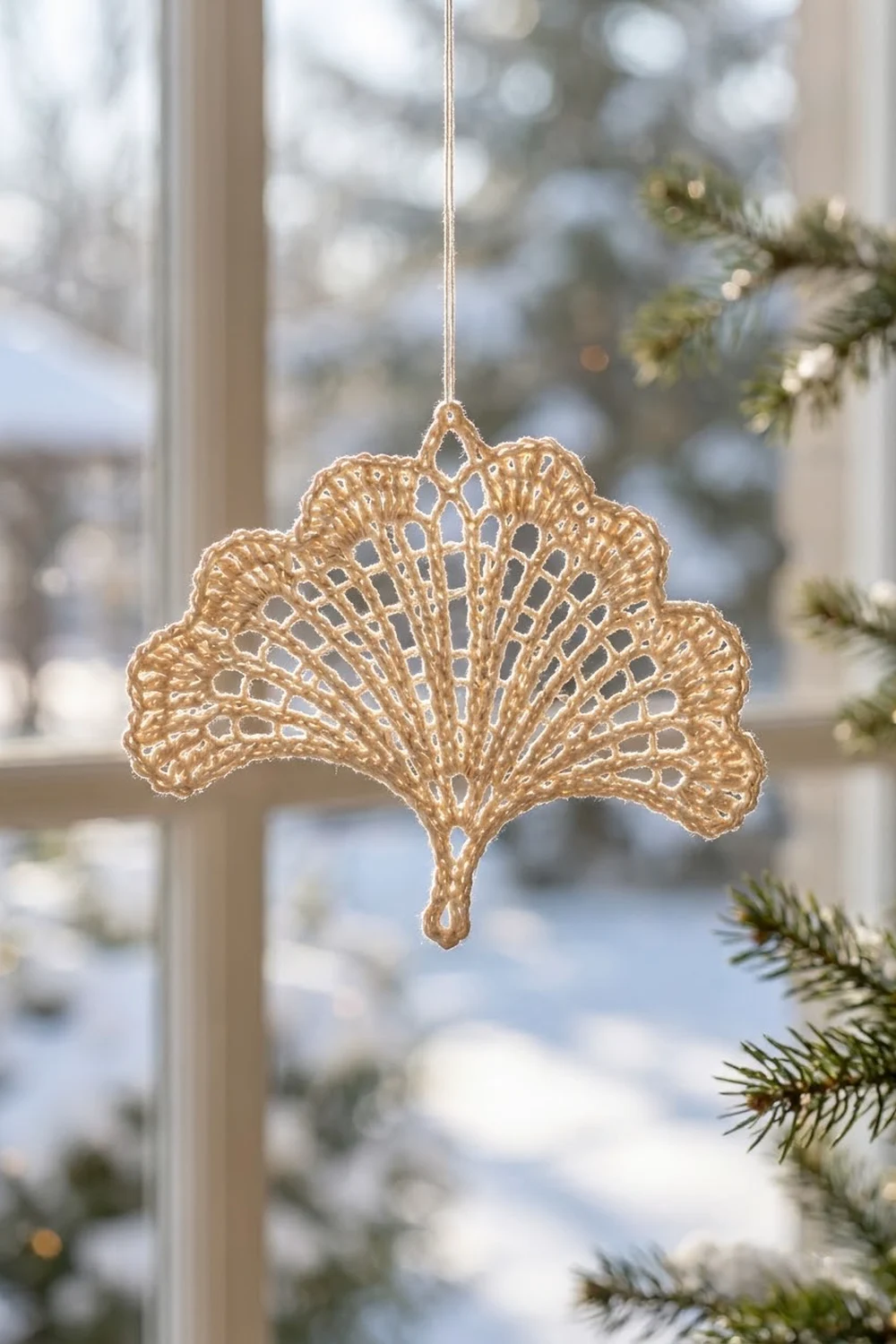 Tan crocheted ginkgo leaf ornament hanging in a winter window framed by snowy landscape and evergreens.