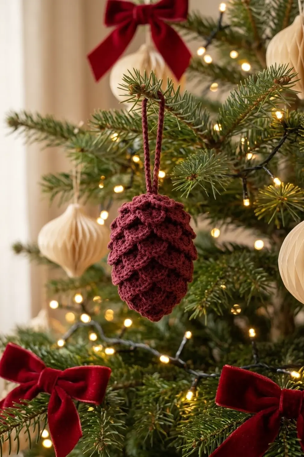 A burgundy crocheted pinecone ornament hangs from red twine on an evergreen garland with warm lights and cream bulbs.