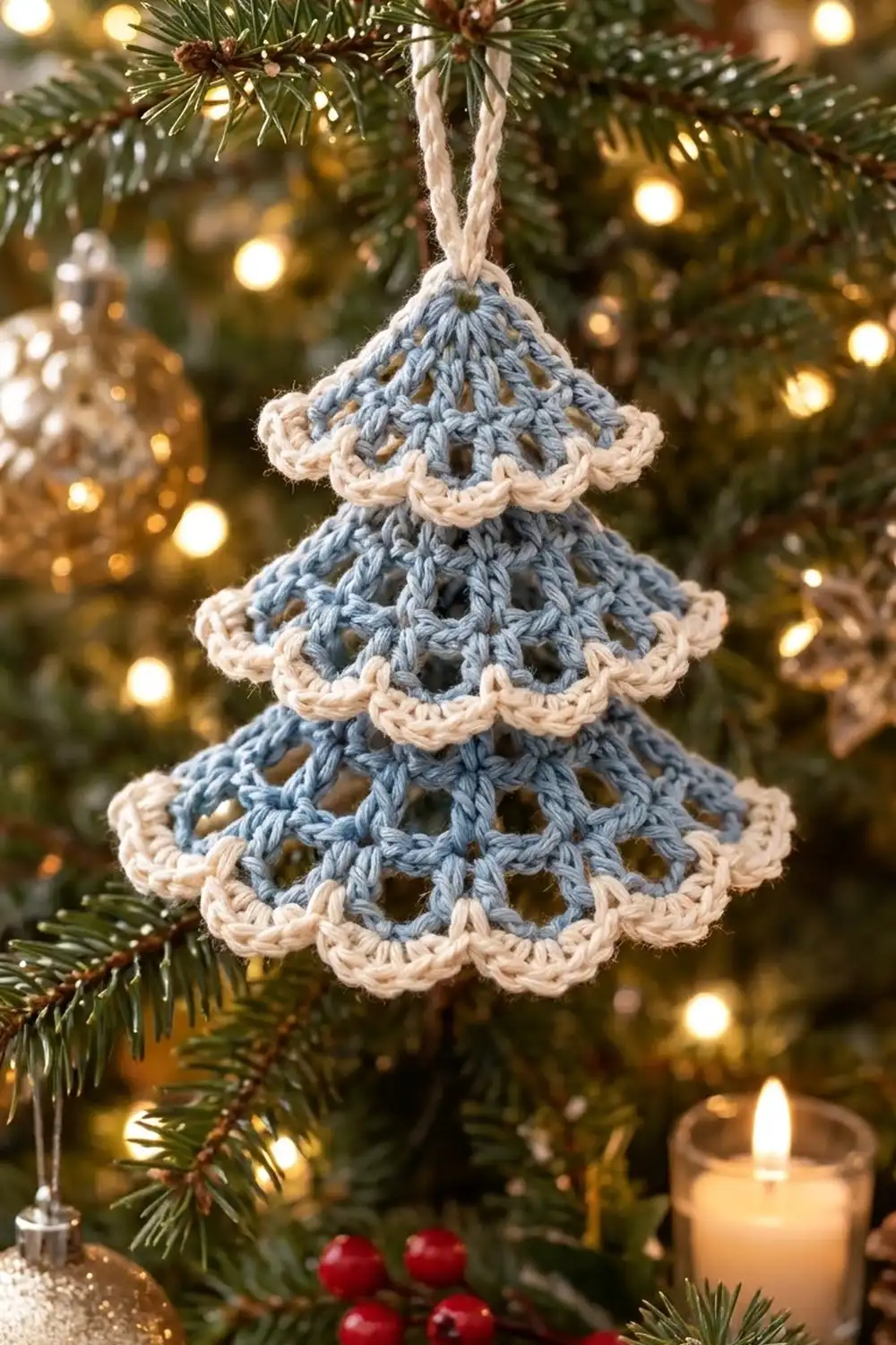 Blue and cream crocheted Christmas tree ornament with three tiers hanging from evergreen branches with golden lights and festive decorations.