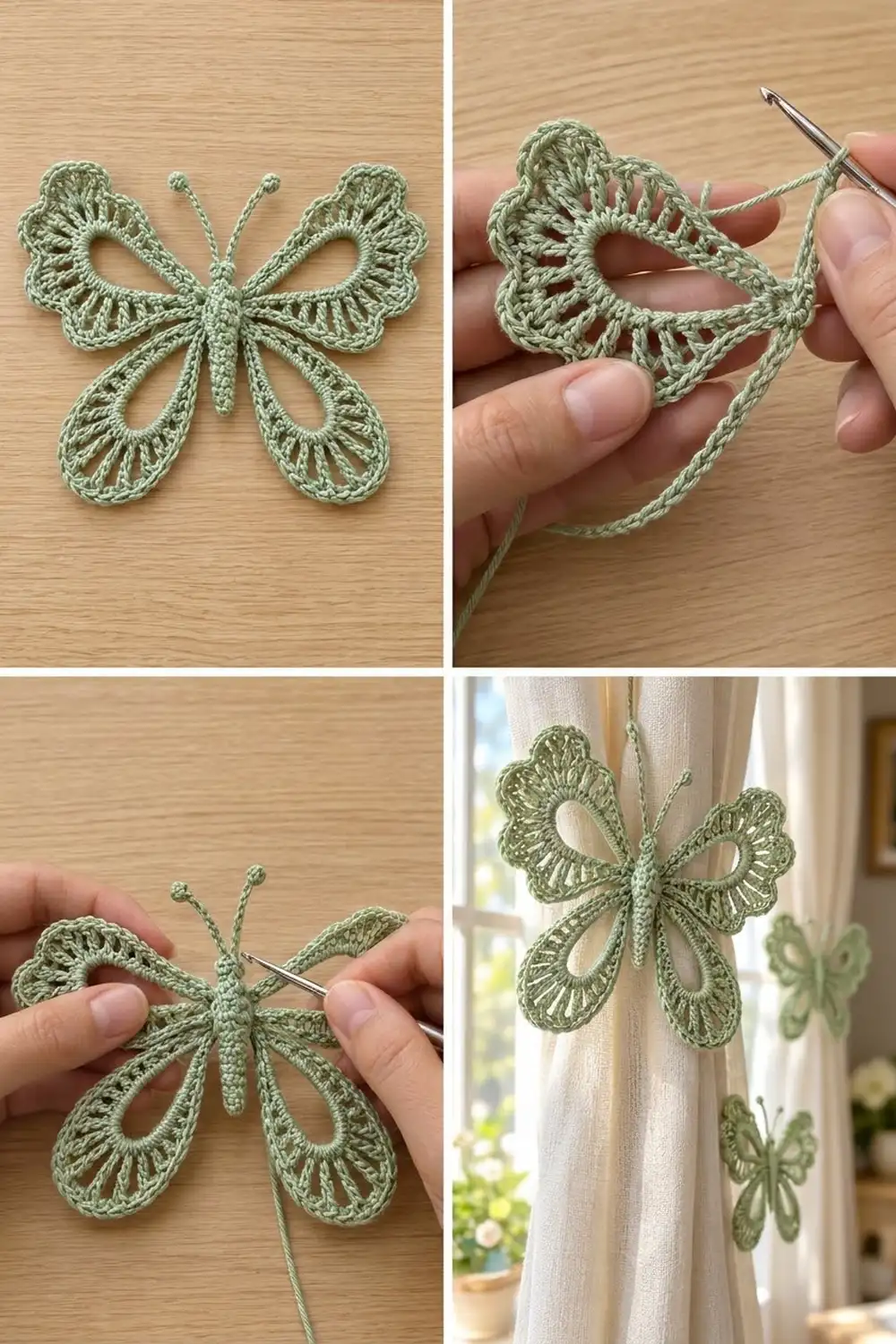 Delicate sage green crocheted butterfly appliqués hanging as window decorations on cream curtains with natural light filtering through.