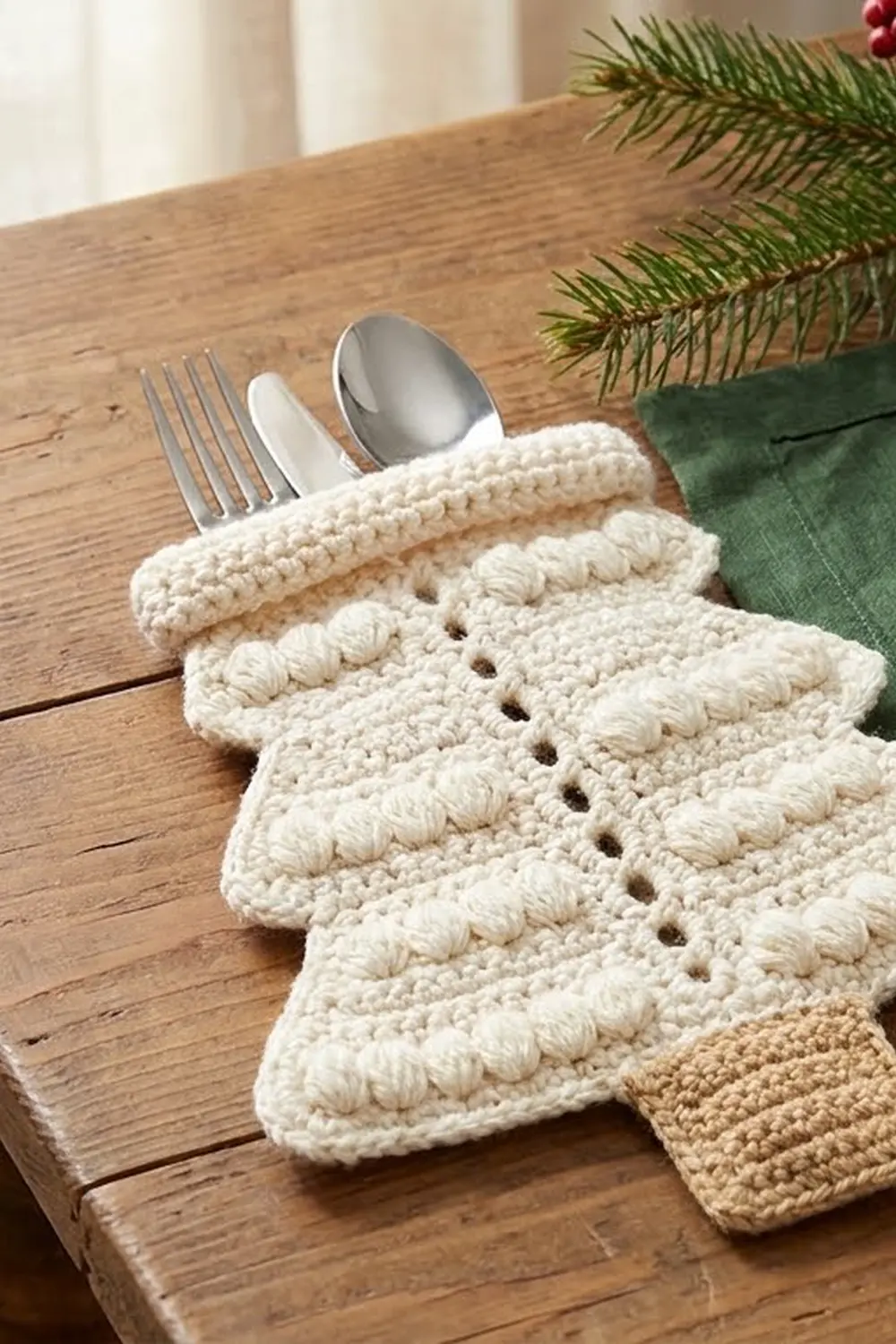 Cream crocheted flatware holder with fork, knife, and spoon on a wooden table styled with evergreen branches and green napkin.