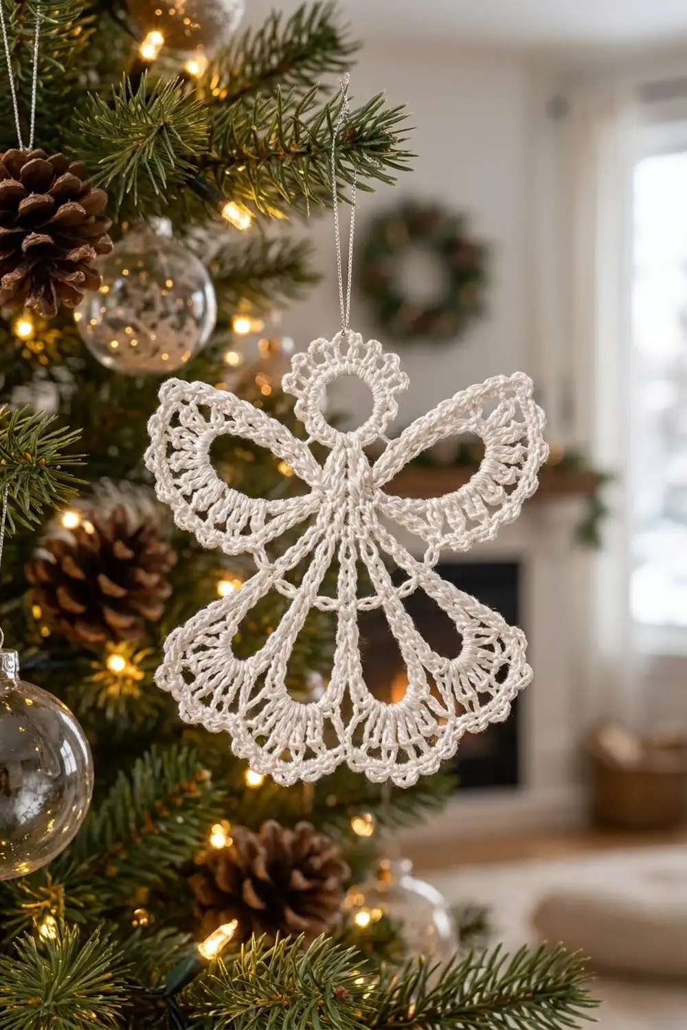 Handmade white crocheted angel ornament adorning a festive Christmas tree branch among lights, pinecones, and ornaments.