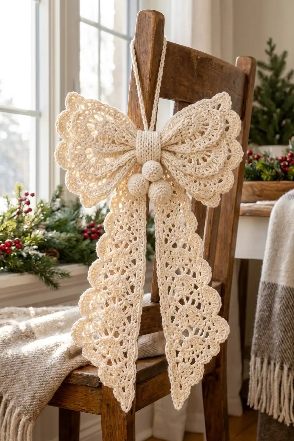 Cream crocheted lace butterfly with openwork wings draped over wooden chair in a bright, holiday-decorated interior.