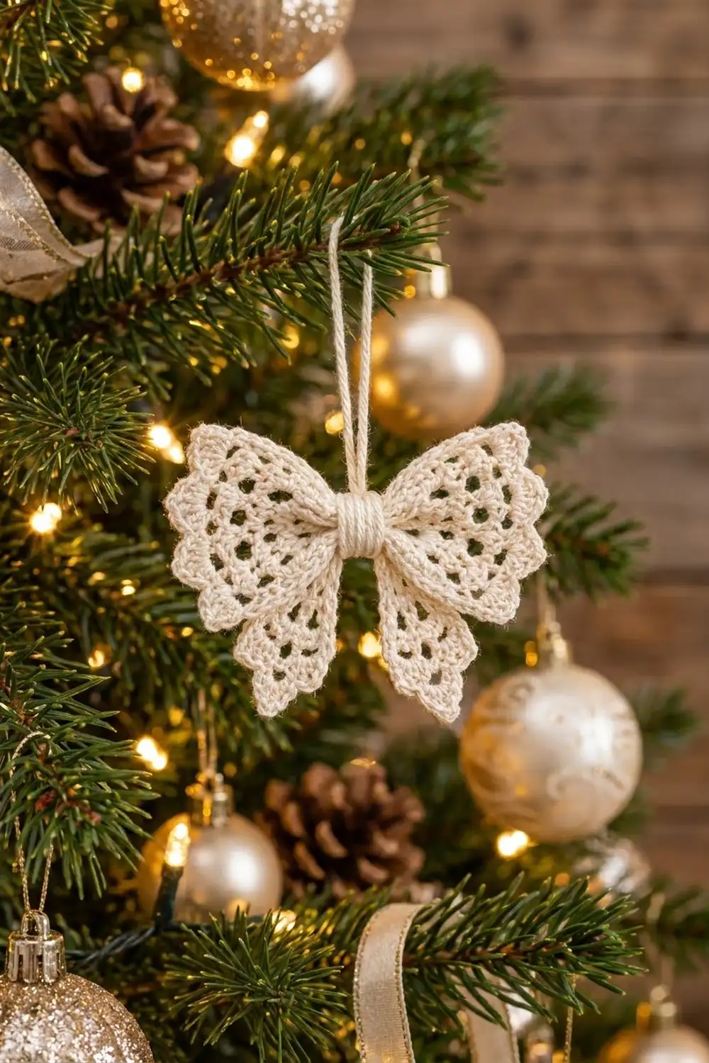 Crocheted cream bow ornament hanging on an evergreen tree with golden baubles and warm lights against a wooden backdrop.