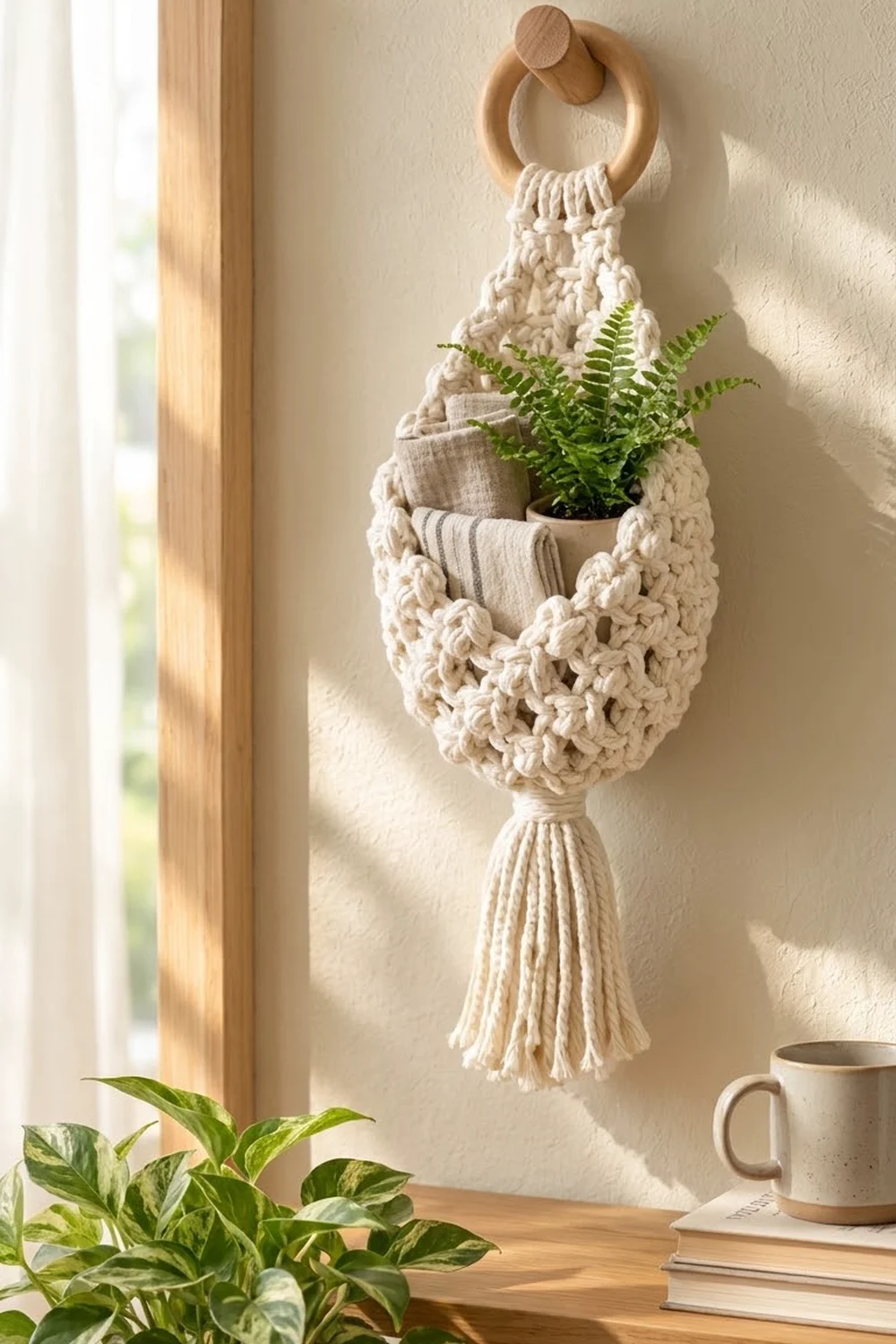Cream macramé plant hanger with wooden ring holding green ferns hangs on a beige wall in natural window light.
