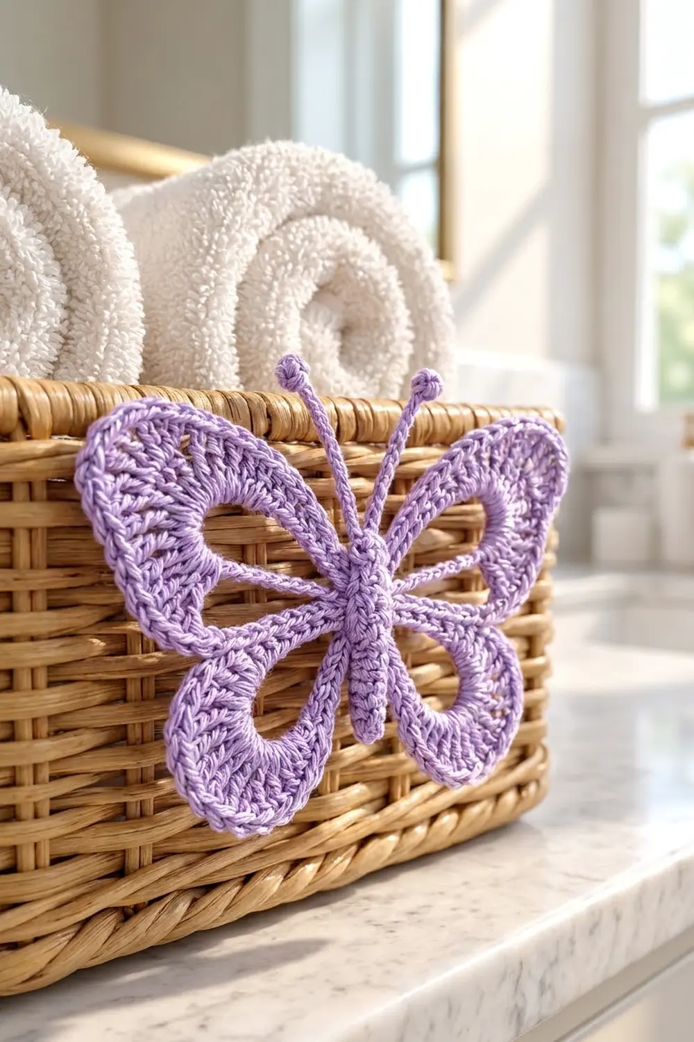 Lavender crochet butterfly adorning a wicker basket filled with rolled cream towels in a bright, minimalist room.