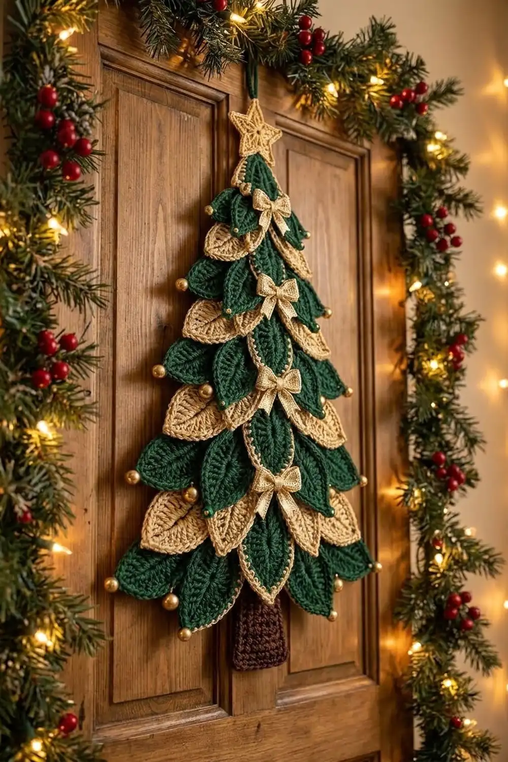 A handmade crocheted Christmas tree with green and cream leaves and gold star hangs on a wooden door surrounded by garland.