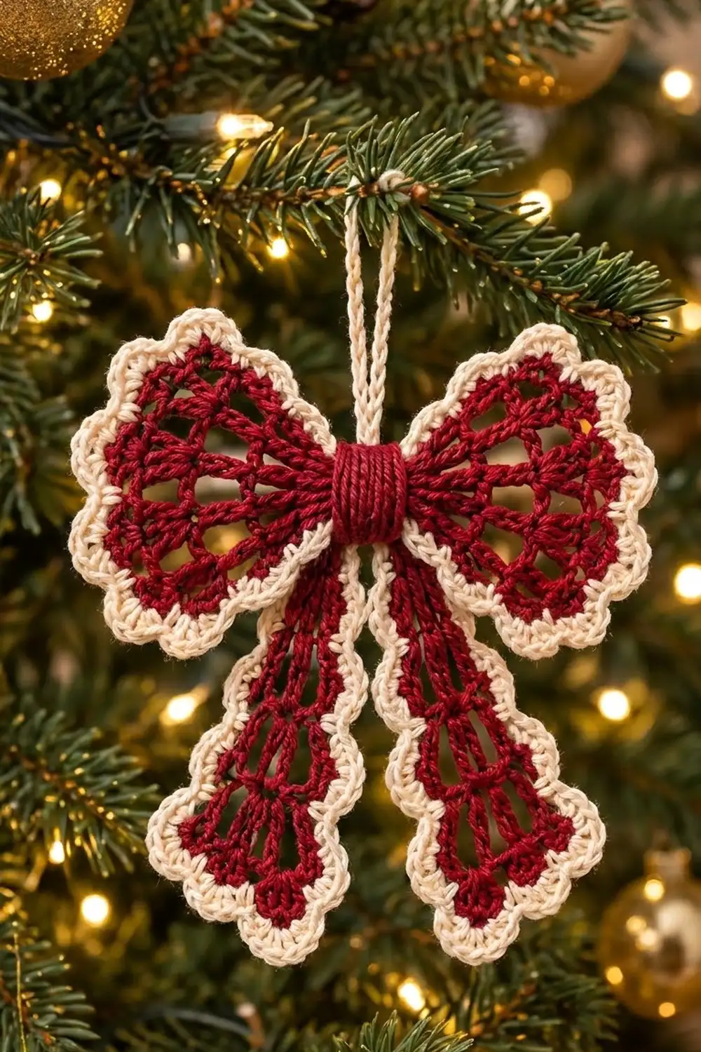 A red and cream crocheted bow ornament with lacy pattern hangs from twine on a Christmas tree with golden lights.